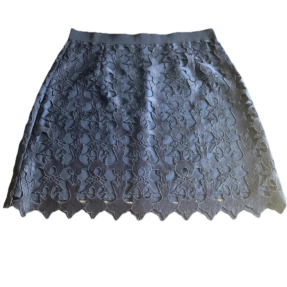 Loft Eyelet Lace Overlay Knee Length Navy Blue A Line Skirt